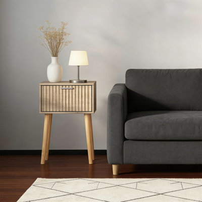 Set Of 2 Small Midcentury Nightstands With Fluted Door, Solid Wood Feet, Natural