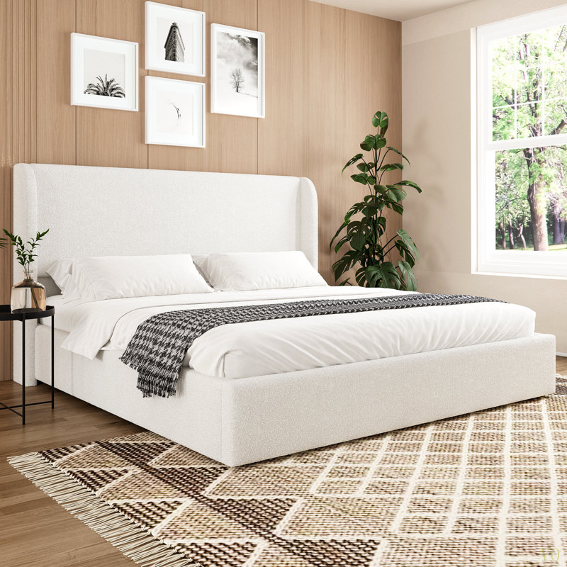 King Size Boucle Bed Frame, Upholstered Cloud Bed Frame With Headboard, Metal Legs And Slats, No Box Spring Needed King, King