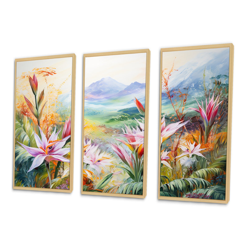 Birds Of Paradise Flowers Mountain I - Fleurs, art mural sur toile, Cadre naturel flottant, H 40 po x l 60 po x P 1 po