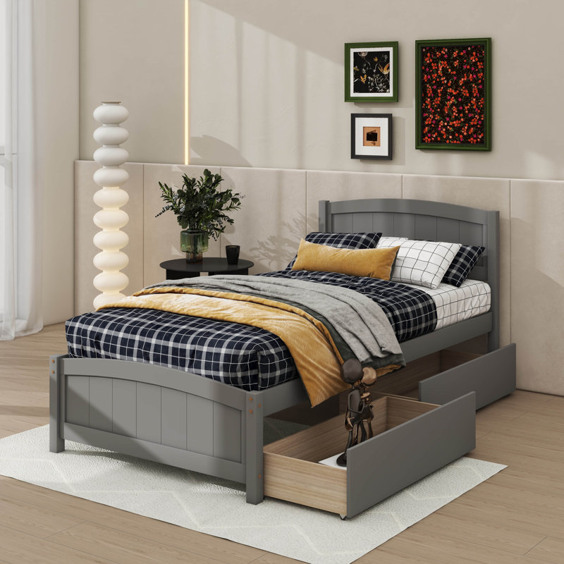 Lit plateforme simple avec deux tiroirs, Gris