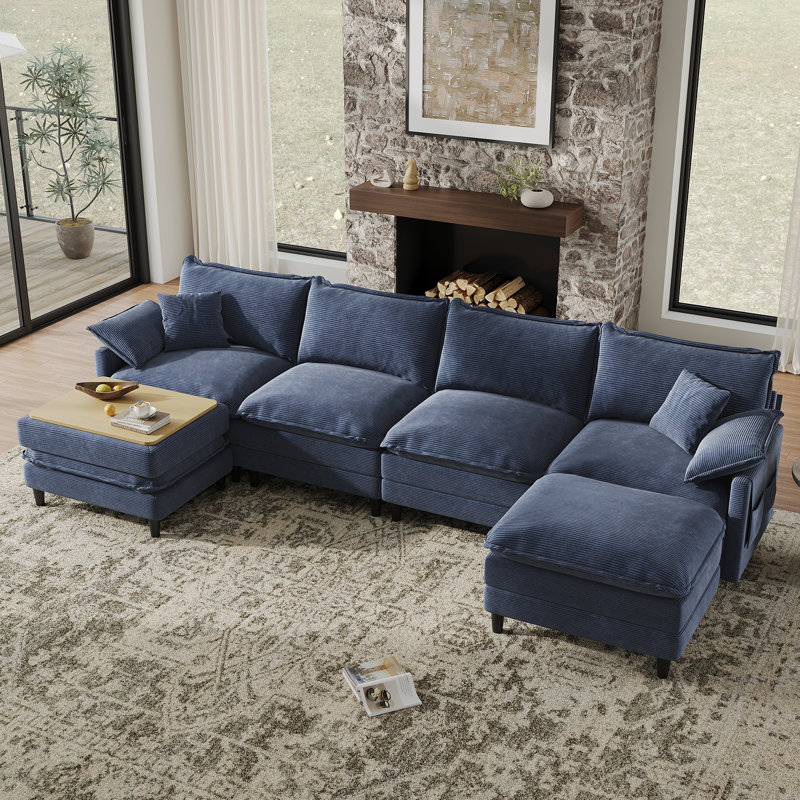 143.7'' Comfy  U Shaped Sectional Modular Deep Cloud 4-Piece Sofa with Two Ottoman- Premium Fabric, Blue