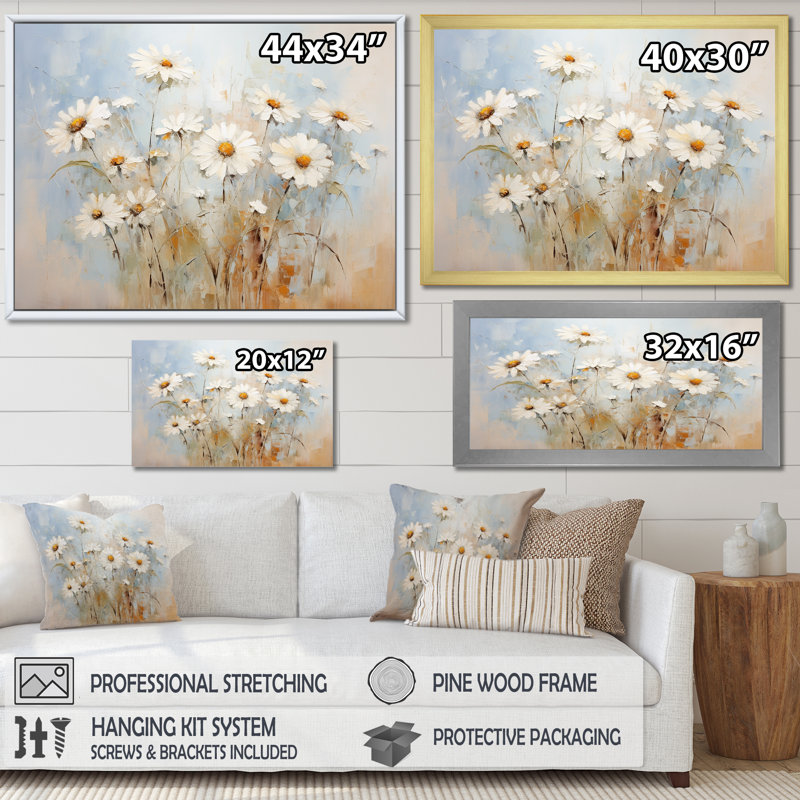 " White Daisy Fields Elegance ", Black Single Picture Framed, 34" H x 44" W x 1.5" D