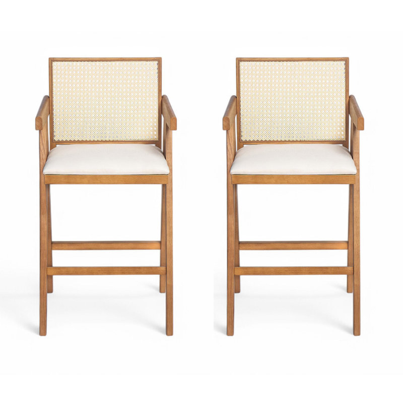 Tabouret de bar à dossier en plastique tissé crème de 27 po de hauteur - siège en tissu rembourré de mousse et durable