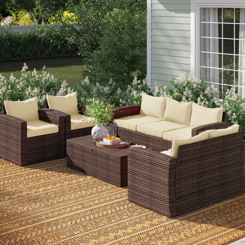 Arlington Outdoor Wicker 7 Person Seating Group with Cushions, Brown Wicker Frame/Beige Cushion