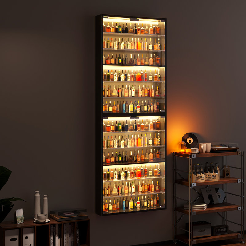 6-tier Wall Display Case With Glass Doors, Led Display Cabinet With Adjustable Glass Shelves, Display Case For Collectibles, Black