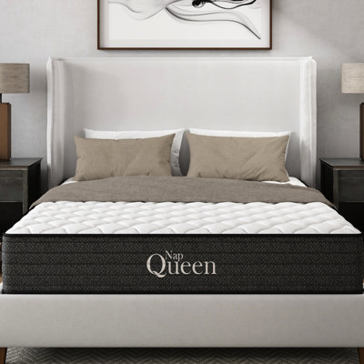Matelas de 25 cm (10 po), gel rafraîchissant, soulagement, faible transfert de mouvement, caractéristiques, eau, sommier articulé, gris et blanc, couche de mousse à mémoire de forme, structure à ressorts, confort, rembourrage, agencement