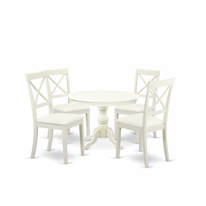 Ensemble de table de salle à manger moderne 5 pièces comprenant une table ronde en bois avec piédestal et 4 chaises de cuisine en lin, blanc lin