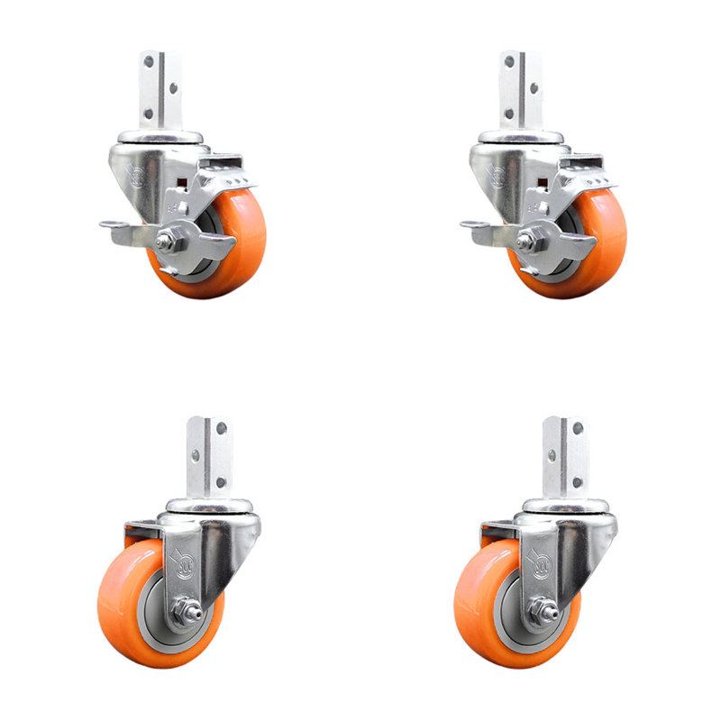 Ensemble de roulettes à tige carrée pivotante 3,5 pouces 3,5 pouces 7/8 pouces, Orange