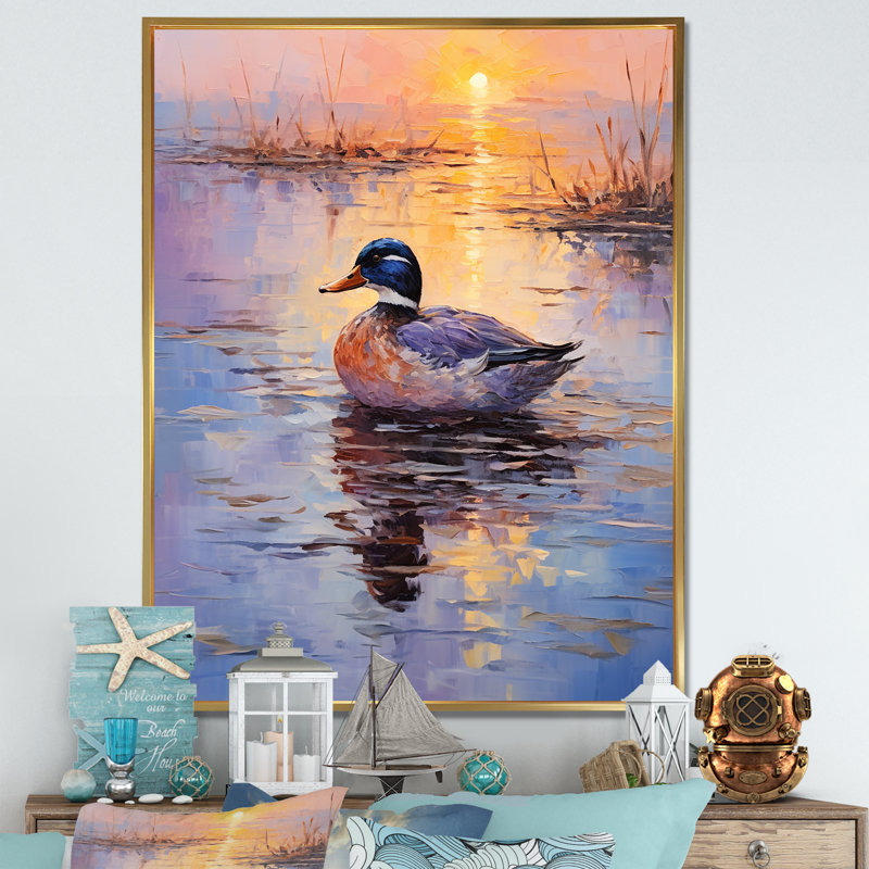 «Twilight Duck At The Lake III» - art mural animal de canard, Cadre flottant doré, 32" H x 16" W