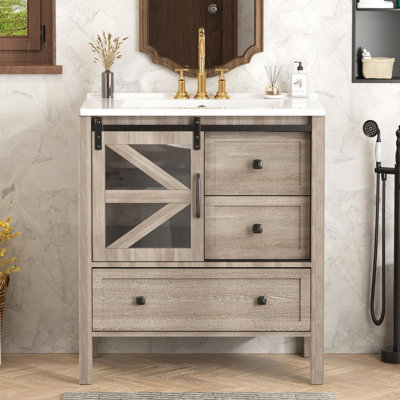 30"Single Bathroom Vanity With Sink & Barn Door, Farmhouse Style Vanity Set