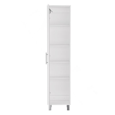Armoire de rangement H 71 po, cinq tablettes internes, trois crochets à balais, blanc