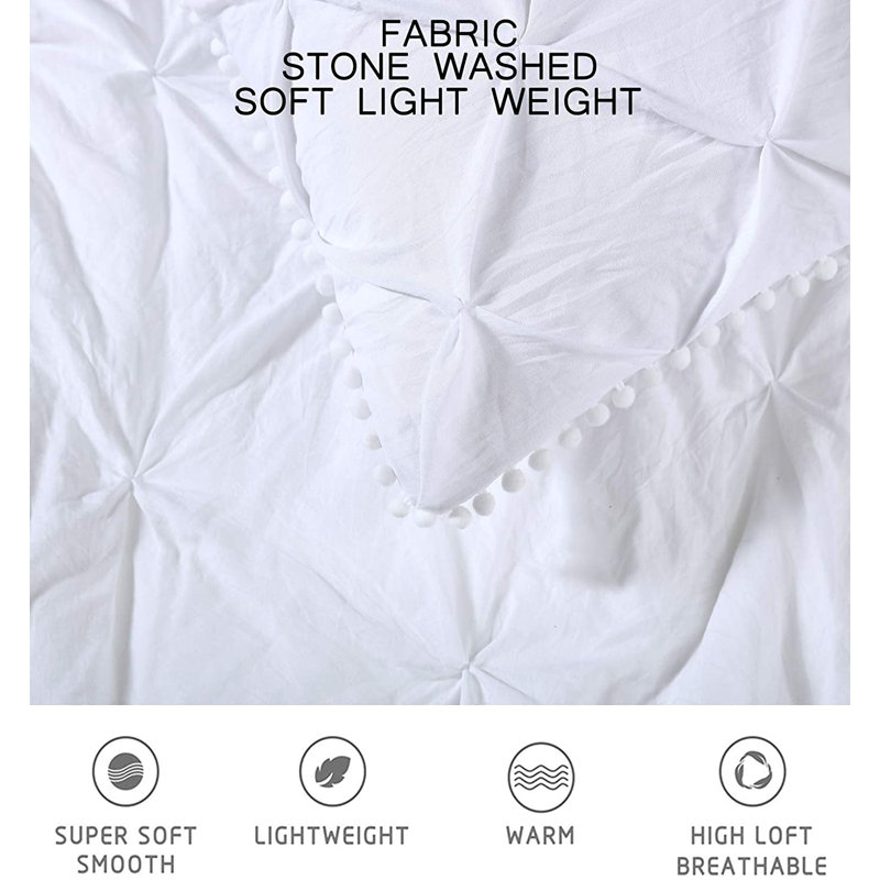 Natalia Washed Microfiber Pom Pom Pintuck Pleat Comforter Set, White, Twin Comforter + 1 King Sham