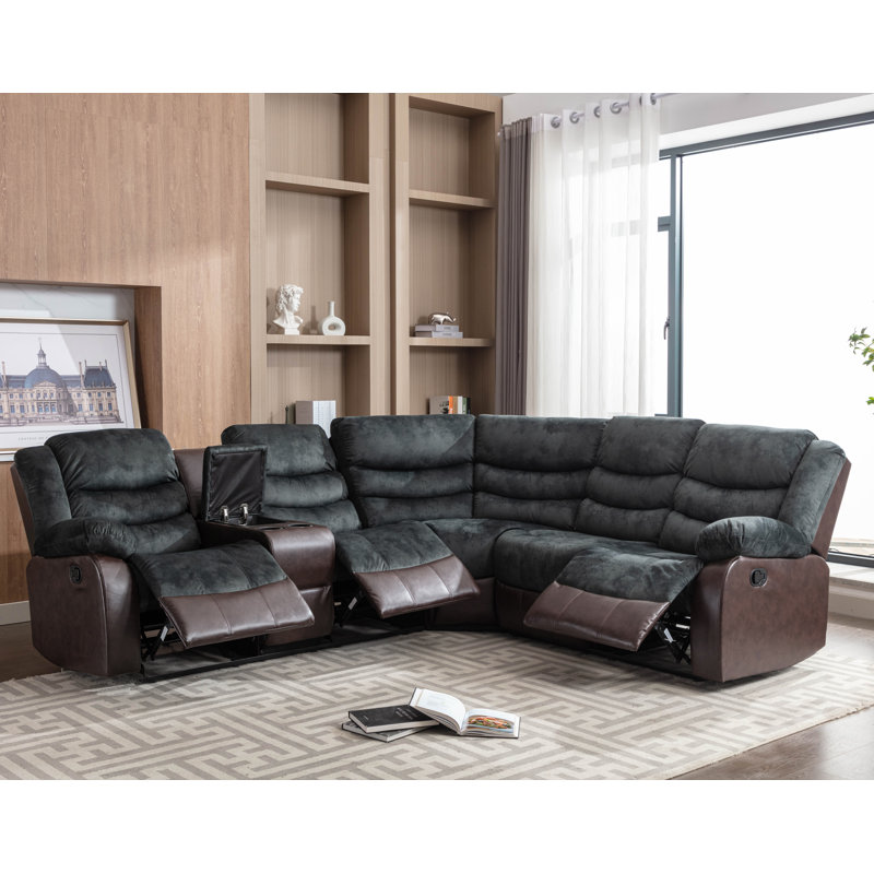 7 - Piece Modern Faux Leather Match Pillow Top Arm Manual Reclining Sectional Sofa, Chocolate/Anchor Leather Match
