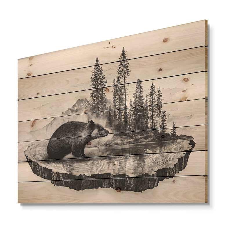 Beaver In Pine Monochrome Wood Slide II - Beaver Wood Print - On Natural Pine Wood, 10" H x 20" W x 0.78" D