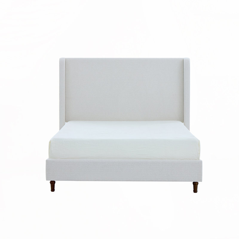 Lit plateforme tapissier avec tête de lit à oreilles Albree Hoppe, Tissu bouclé blanc crème, Très grand