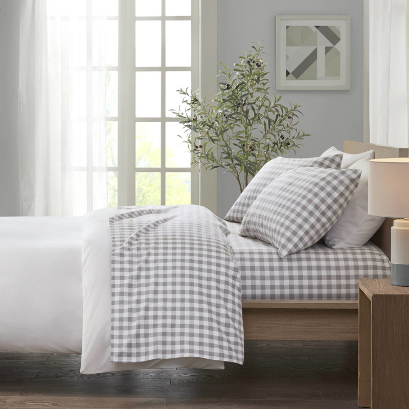 King 4 Pcs Printed Sheet In Gray Herringbone Check Pattern 100% Cotton Flannel Soft And Cozy Sleep With Flat Fitted Sheets 2 Pillowcases Machine Washable Easy