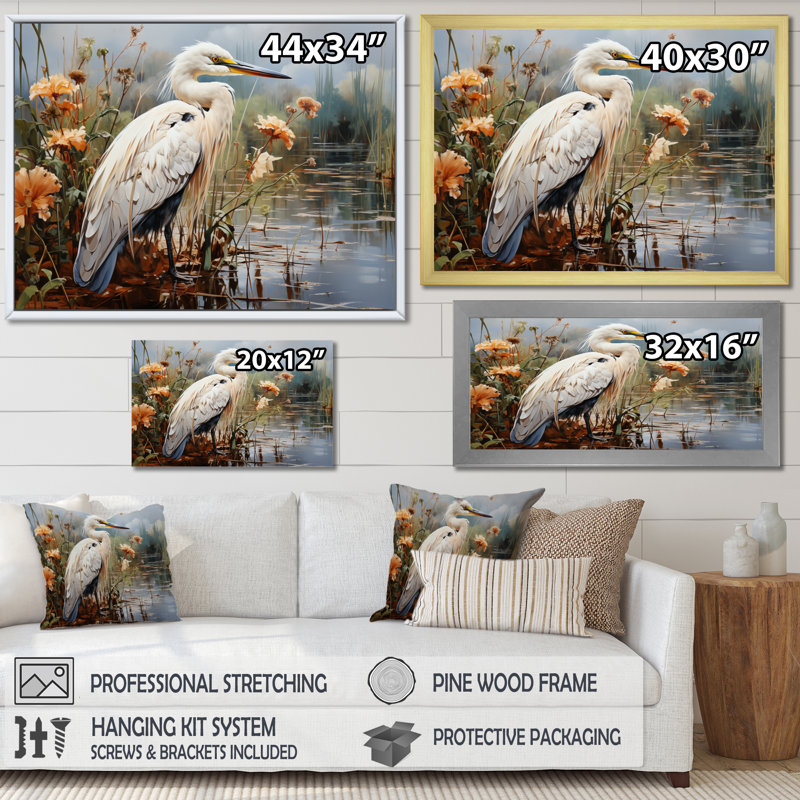Héron pêche blanc, héron, art mural, Toile tendue, H 30 po x l 40 po x P 1,5 po