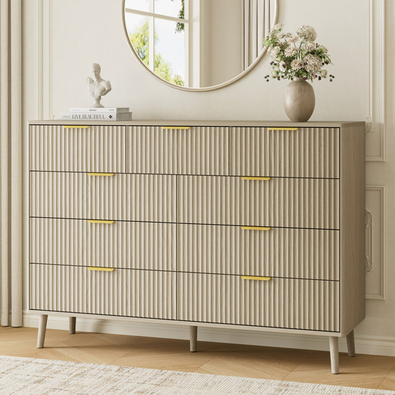Fluted 9-Drawer Double Dresser For Bedroom, 55.1" Modern Chest Of Drawers With Deep Drawers, Curved Profile Design, Wood Drawer Organizer For Living Room, Hallway, Nursery, Hallway Closet