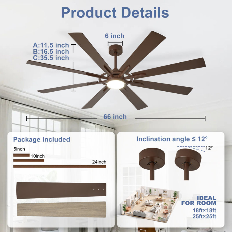 66 Inch Large Ceiling Fan with Light, Modern 8-Blade Walnut and Wood Grain Indoor Outdoor Fans with Remote App Control Dimmable Light, Quiet DC Motor Reversible 6 Speed Timer