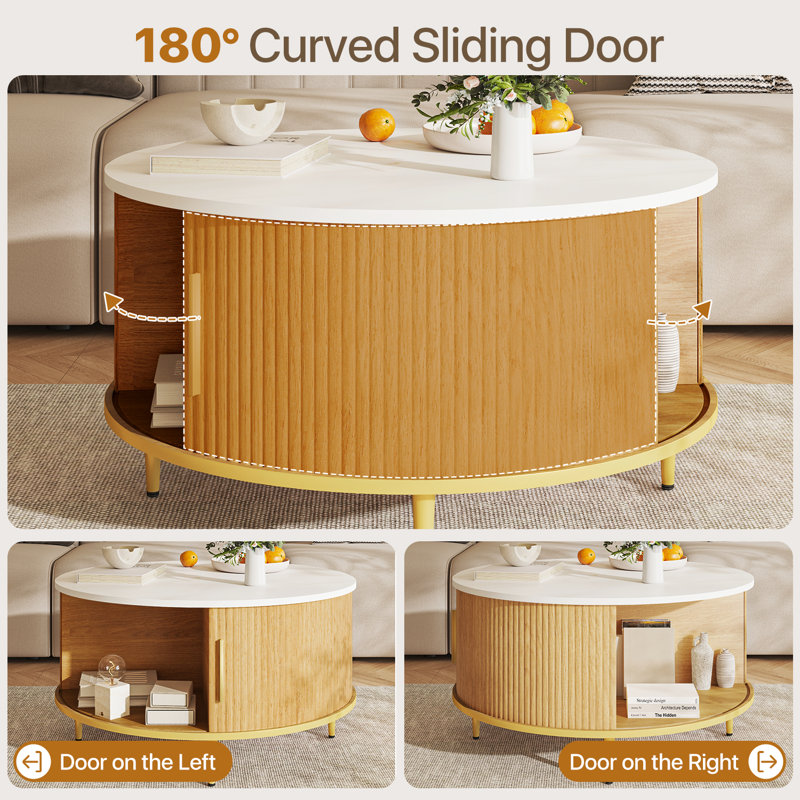 31.5" Modern Round Coffee Table With Hidden Storage: Flip-top Lid & Sliding Doors, White/Natural, Gold
