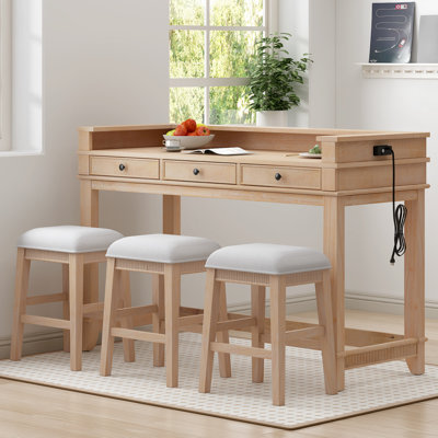 Table de salle à manger pour 3 petits espaces de cuisine, table rétro, rangement et charge, tabourets avec sièges confortables, finition naturelle, chaises de table 3, élégance, facilité, convient à une structure étroite en bois massif,