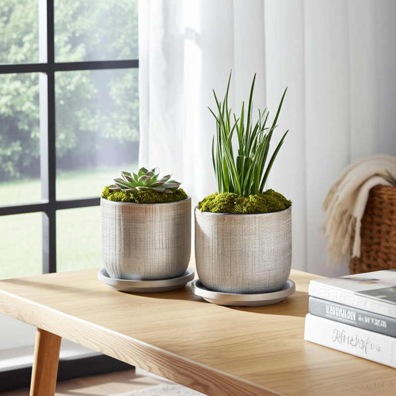Stoneware Ceramic Saucer Planters, Set of 2, Textured Silver, 2