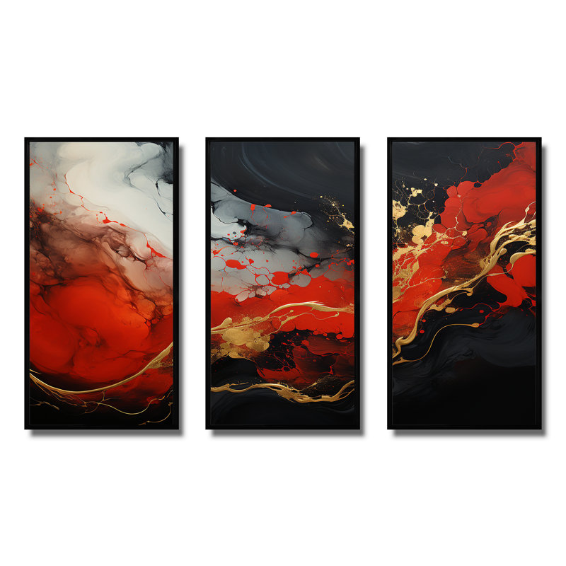 Rouge et or feu de marbre II - art mural abstrait, Cadre flottant noir, H 32 po x l 48 po x P 1 po