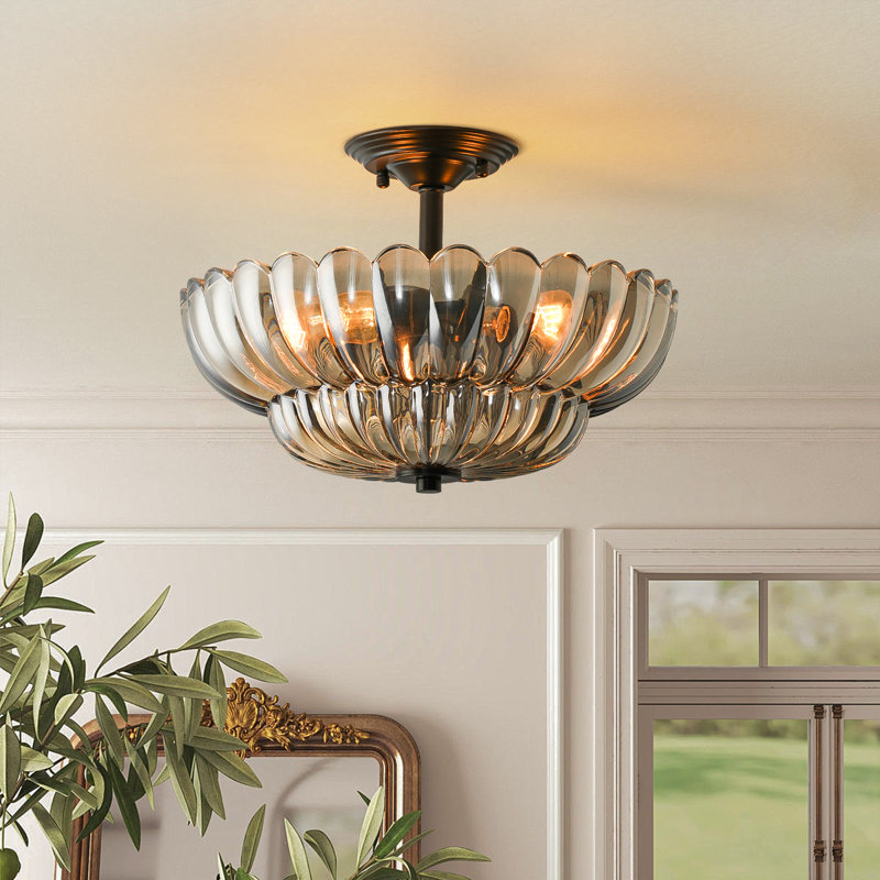 3-Light Smokey Grey Fluted Glass Semi-Flush Mount - 16in,Matte Black, 11.02" H x 15.75" W x 15.75" D