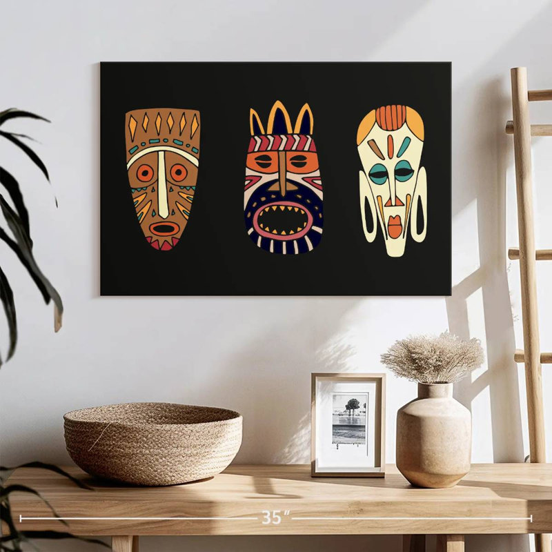 Dessin de masques d'Afrique, H 32 po x l 48 po