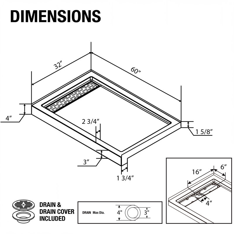 60”W x 32”D Rectangular Shower Pan Base with Stainless Steel Drain Cover, Marble-Look Acrylic, Left, Brushed Nickel