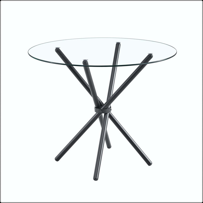 Table de salle à manger ronde en verre avec pieds en métal en forme d'anneau, Transparent / Black