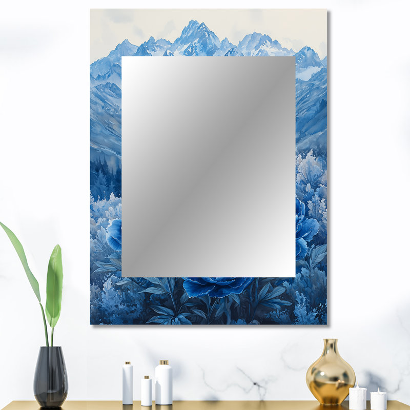 Pivoines bleues sur les sommets des montagnes III - miroir de pivoines, miroir mural traditionnel unique, impression d'art en métal