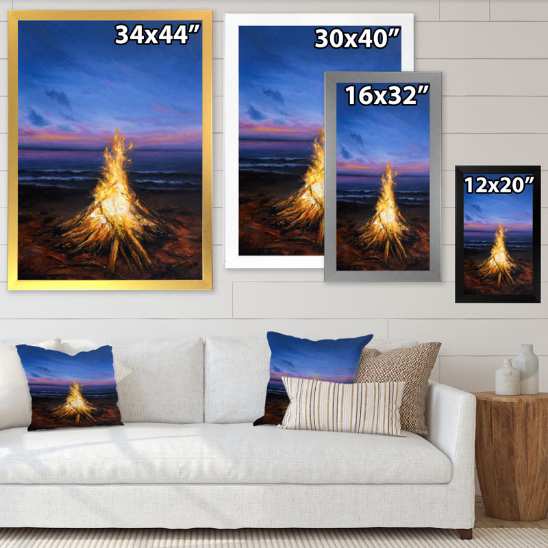 Campfire On Sunset - Painting on Canvas, Black Picture Framed Canvas, 20" H x 12" W x 1" D