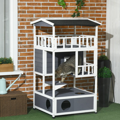 Maison pour chat d'extérieur en bois avec toit et portes de secours et condo et plateforme de saut