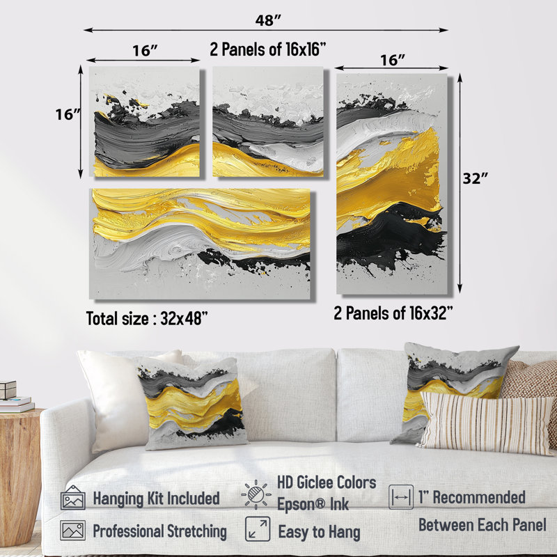 Fugue jaune en couleur I - art mural abstrait 4 pièces, Impression encadrée sans passe-partout, Noir