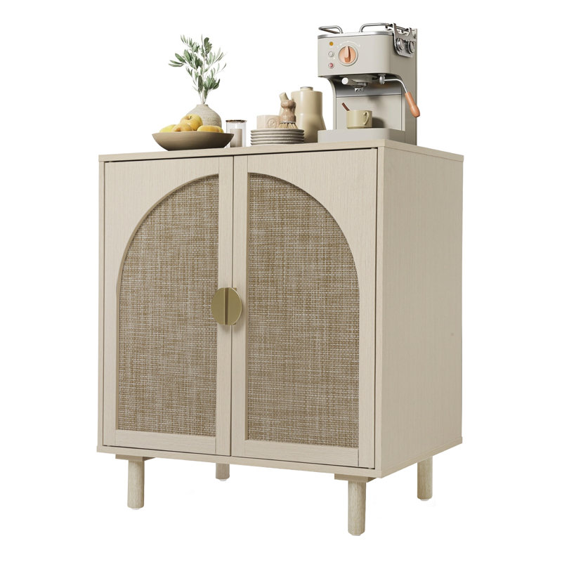 Modern Rattan Storage Cabinet, Black Wood Sideboard With Magnetic Latch,, White