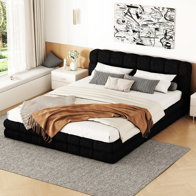 Grand lit tapissier noir avec structure rembourrée confortable et tête de lit rembourrée de mousse, Noir