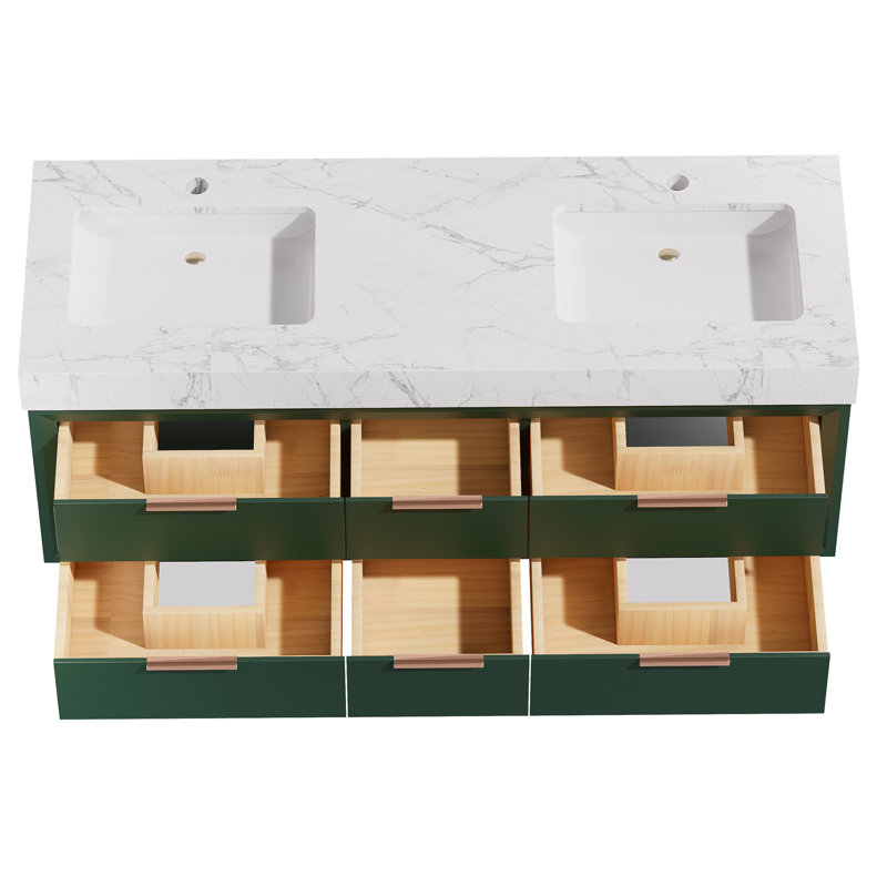 Solid wood 60'' Modern Wall Mounted Double Bathroom Vanity with Engineered Stone Top and Light, Green
