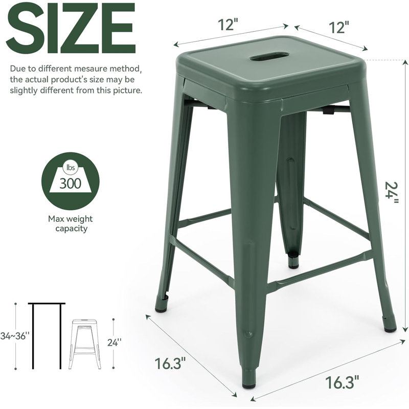 Metal Bar Stools Set of 4, Counter Height Bar Stools 24 Inches Industrial Bar Chairs Patio Stool Indoor-Outdoor Counter Height Stools with Square Seat
