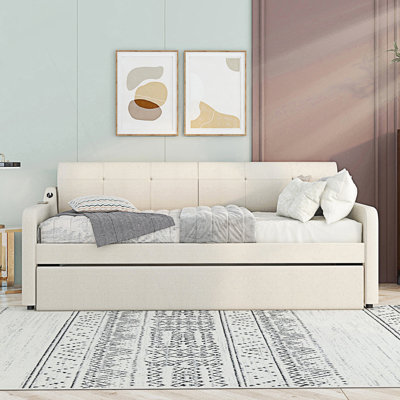Modern Style Twin Size Upholstery Daybed With Trundle And USB Charging Design