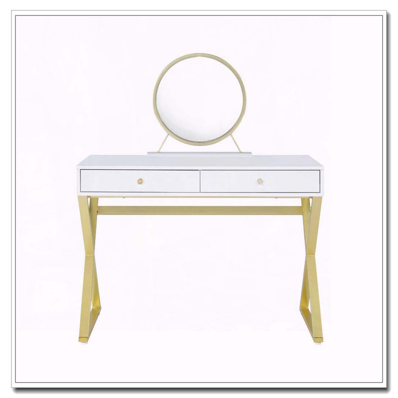 Bureau de coiffeuse rectangulaire avec miroir et plateau à bijoux, blanc et doré