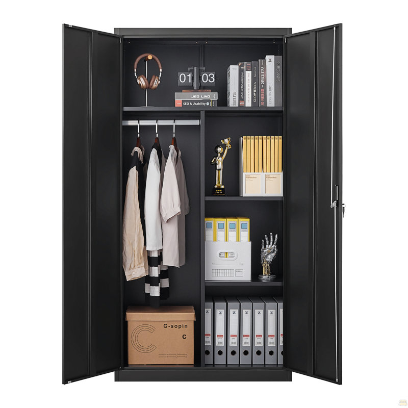 Garde-robe en métal de grande capacité avec tringle et compartiments de suspension, placard verrouillable avec serrures et clés
