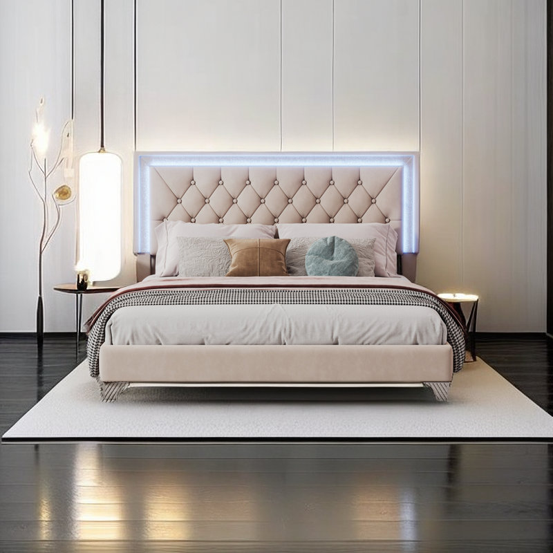 Lit plateforme tapissier Krystallo, Beige