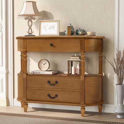 Console rétro en bois courbé avec 3 tiroirs, table d'entrée de 43 po avec tablette de rangement pour le salon et le couloir