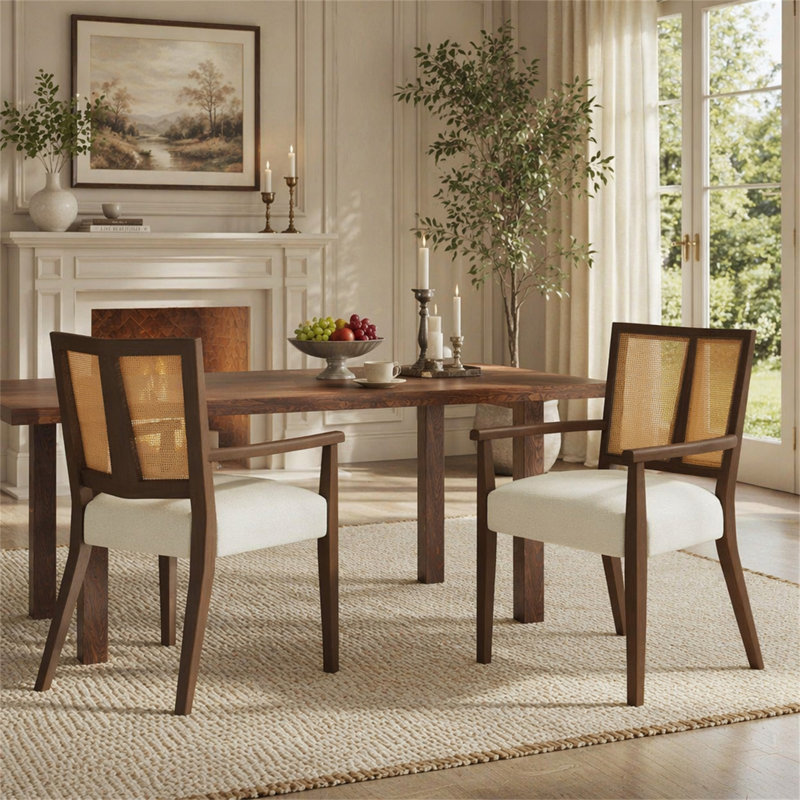 Chaise avec accoudoirs (ensemble de 2), Beige, Walnut