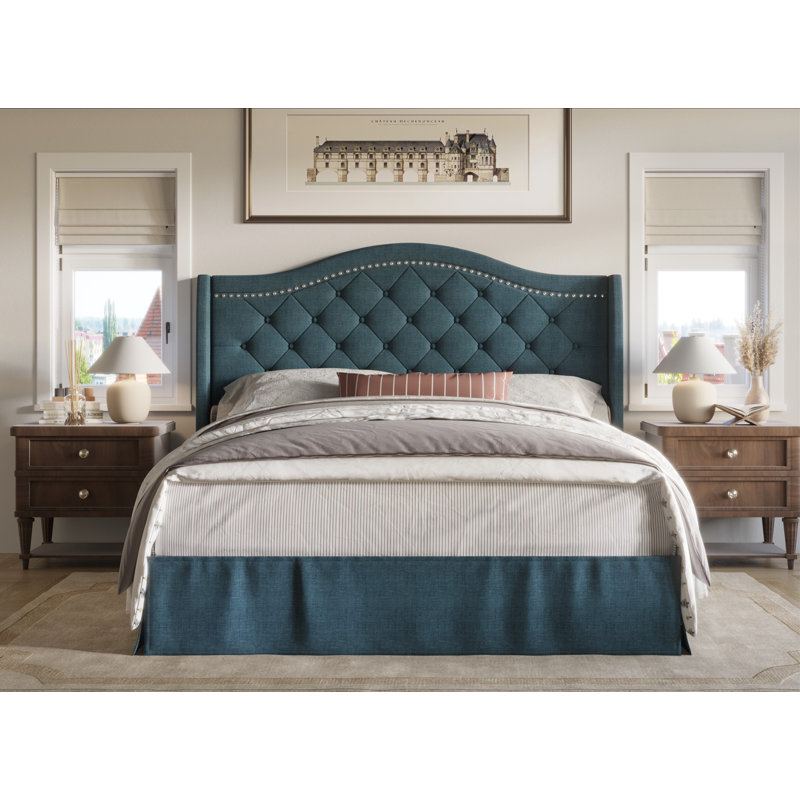 Lit plateforme tapissier Belles, Bleu denim, Grand lit