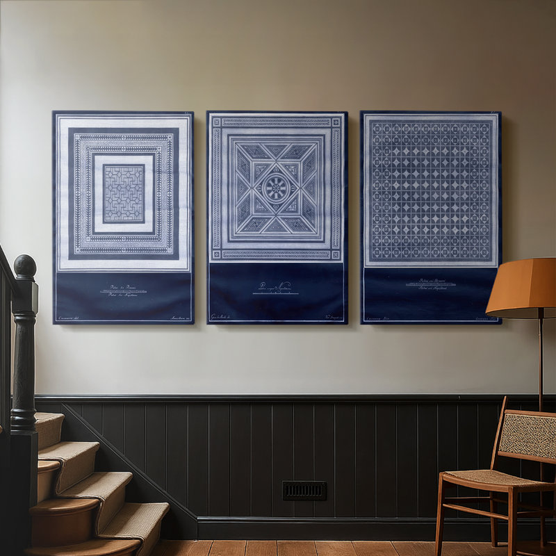 Indigo Tile IV - Toile tendue avec châssis sur mesure - 3 pièces, H 27 po x l 54 po