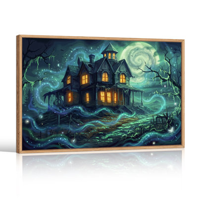 Art mural sur toile gothique, maison hantée avec fenêtres brillantes sous Halloween
