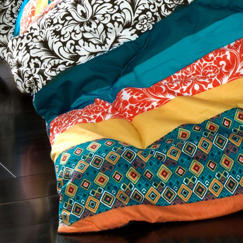 Boho Stripe Turquoise/Tangerine Microfiber Reversible Comforter Set, Full/Queen Comforter+4 Shams+2 Throw Pillow