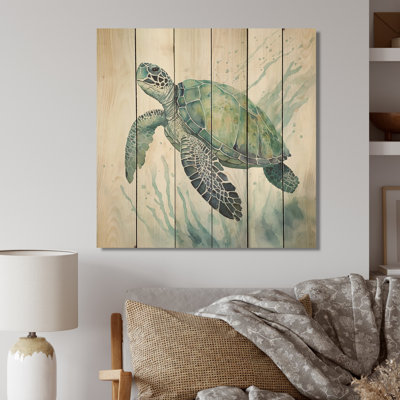Watercolor Turtle Swimming IV - Animals Turtle Wood Wall Decor